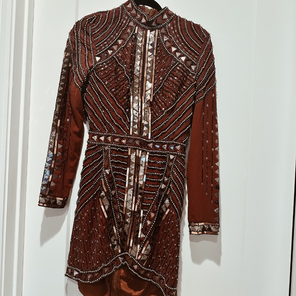 ASOS Rust Embellished Long Sleeve Midi Dress - Picture 3 of 4